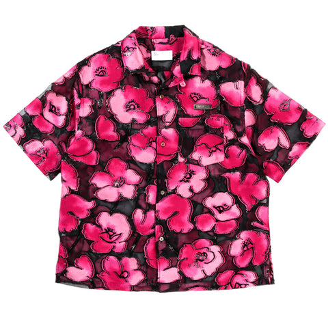 4SDESIGNS WIDE CAMP SHIRT BLACK ORGANZA W/ PINK FLORAL JACQUARD