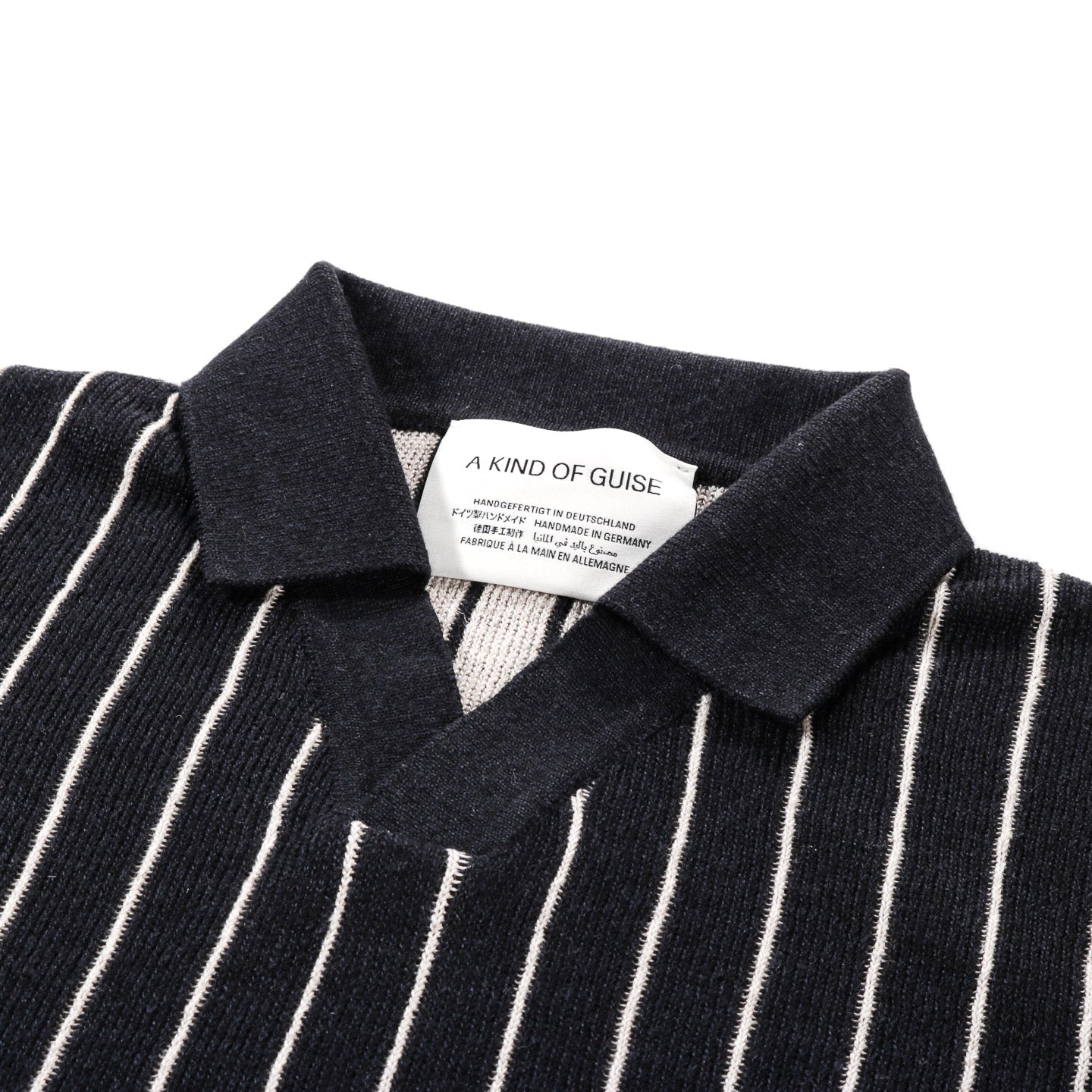 A KIND OF GUISE MAHUA KNIT POLO INDIA INK STRIPE