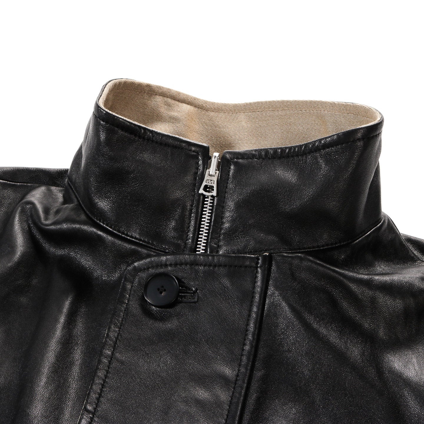 AURALEE REVERSIBLE WOOL TWISTED TWILL SHEEP LEATHER HALF COAT KHAKI BEIGE CHAMBRAY X BLACK