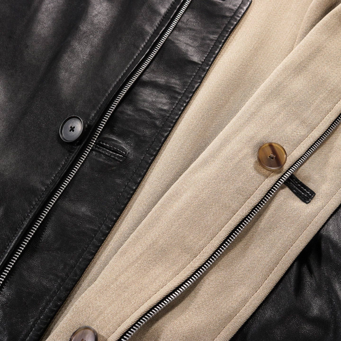 AURALEE REVERSIBLE WOOL TWISTED TWILL SHEEP LEATHER HALF COAT KHAKI BEIGE CHAMBRAY X BLACK