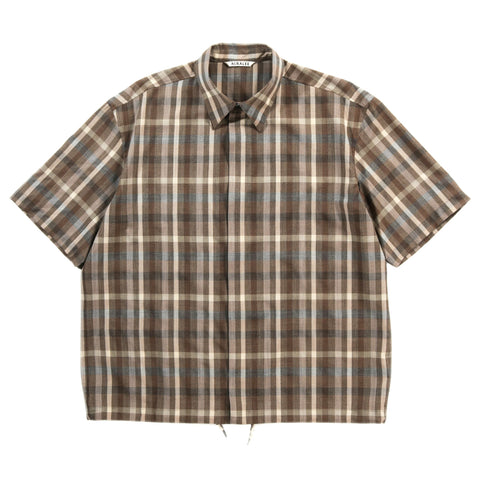 AURALEE SUPER FINE TROPICAL WOOL CHECK HALF-SLEEVED SHIRT TOP BROWN CHECK