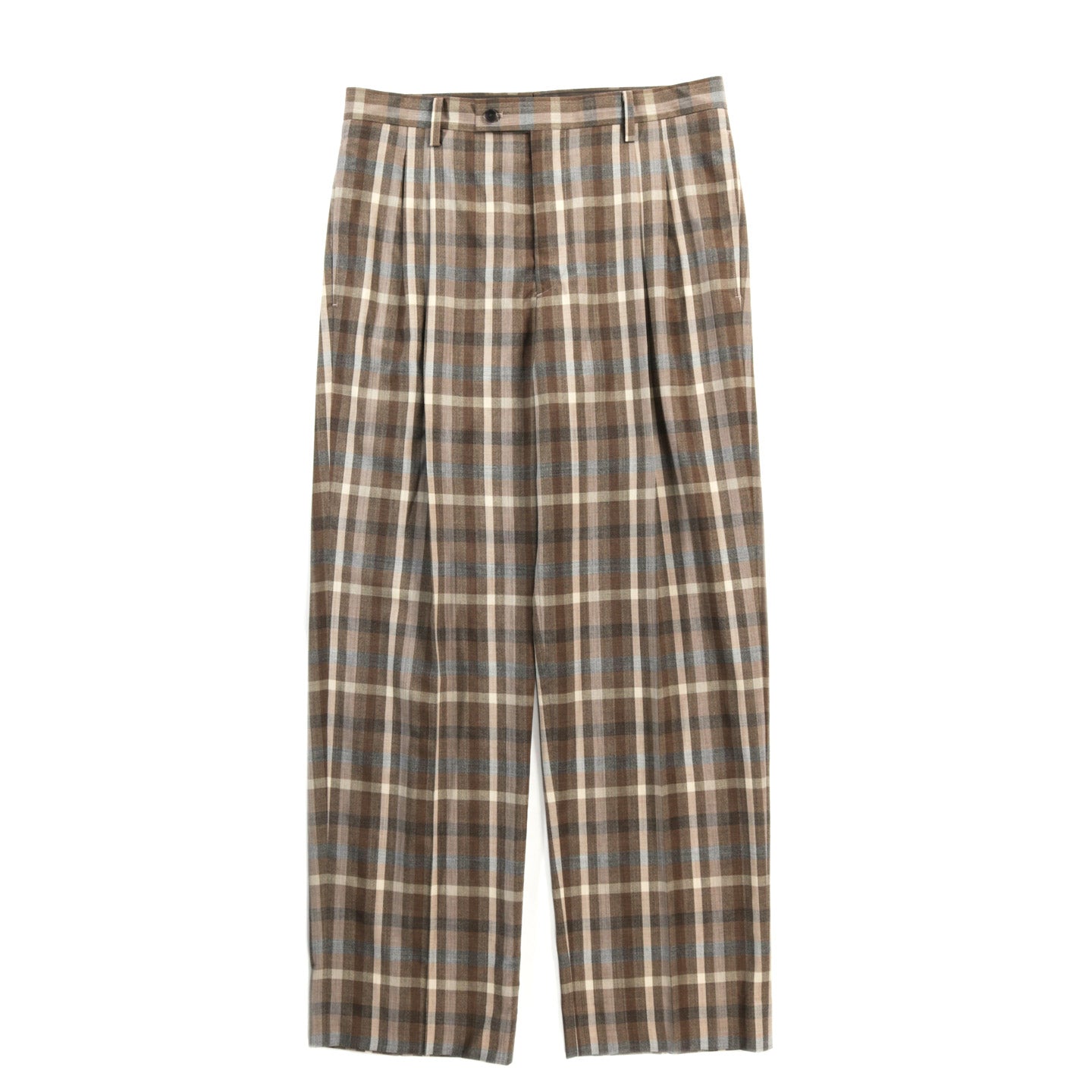 AURALEE SUPER FINE TROPICAL WOOL CHECK TWO-TUCK SLACKS TOP BROWN CHECK