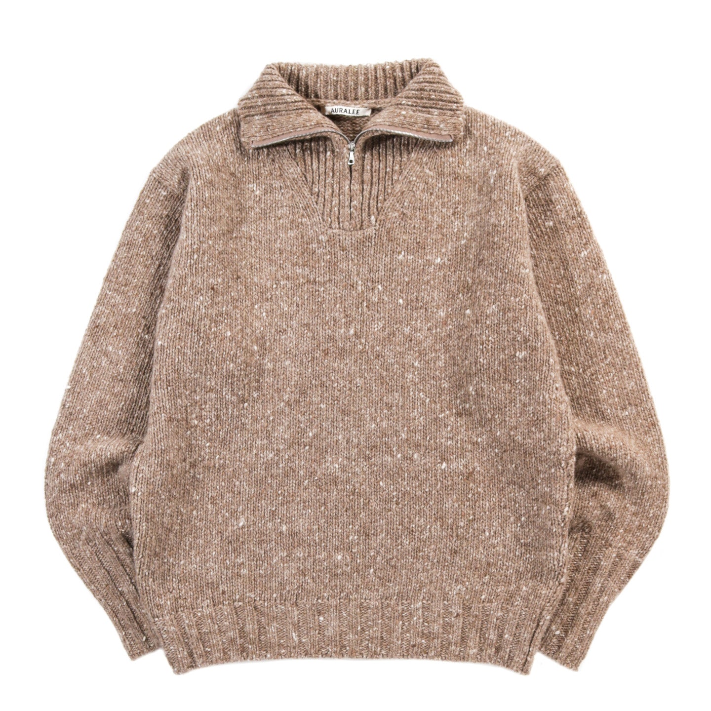 AURALEE LOW GAUGE HOMESPUN TWEED KNIT ZIP TURTLE TOP BROWN