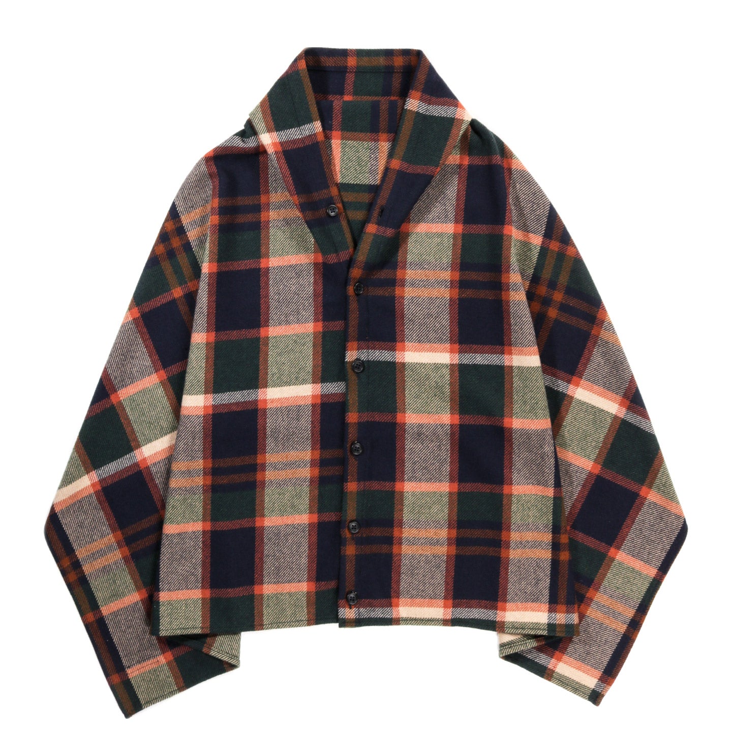 ENGINEERED GARMENTS BUTTON SHAWL NAVY / BROWN HEAVY WOOL PLAID