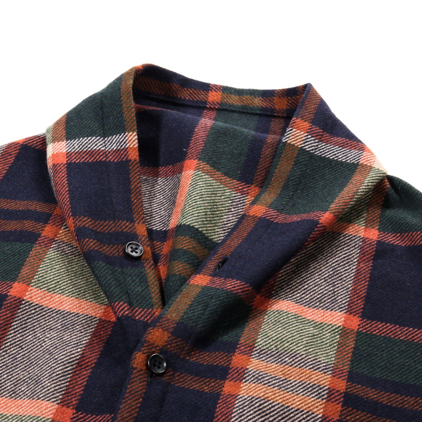 ENGINEERED GARMENTS BUTTON SHAWL NAVY / BROWN HEAVY WOOL PLAID