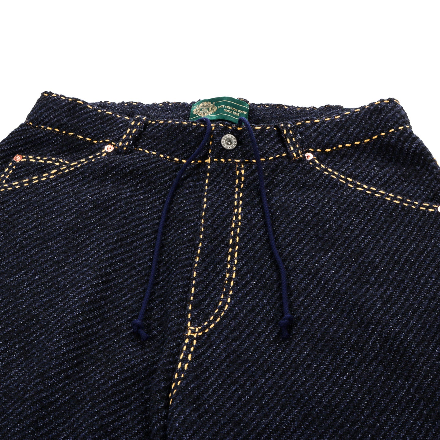 GIM CONTEXT HAND STITCHED RIGID DENIM KNIT PANTS NAVY