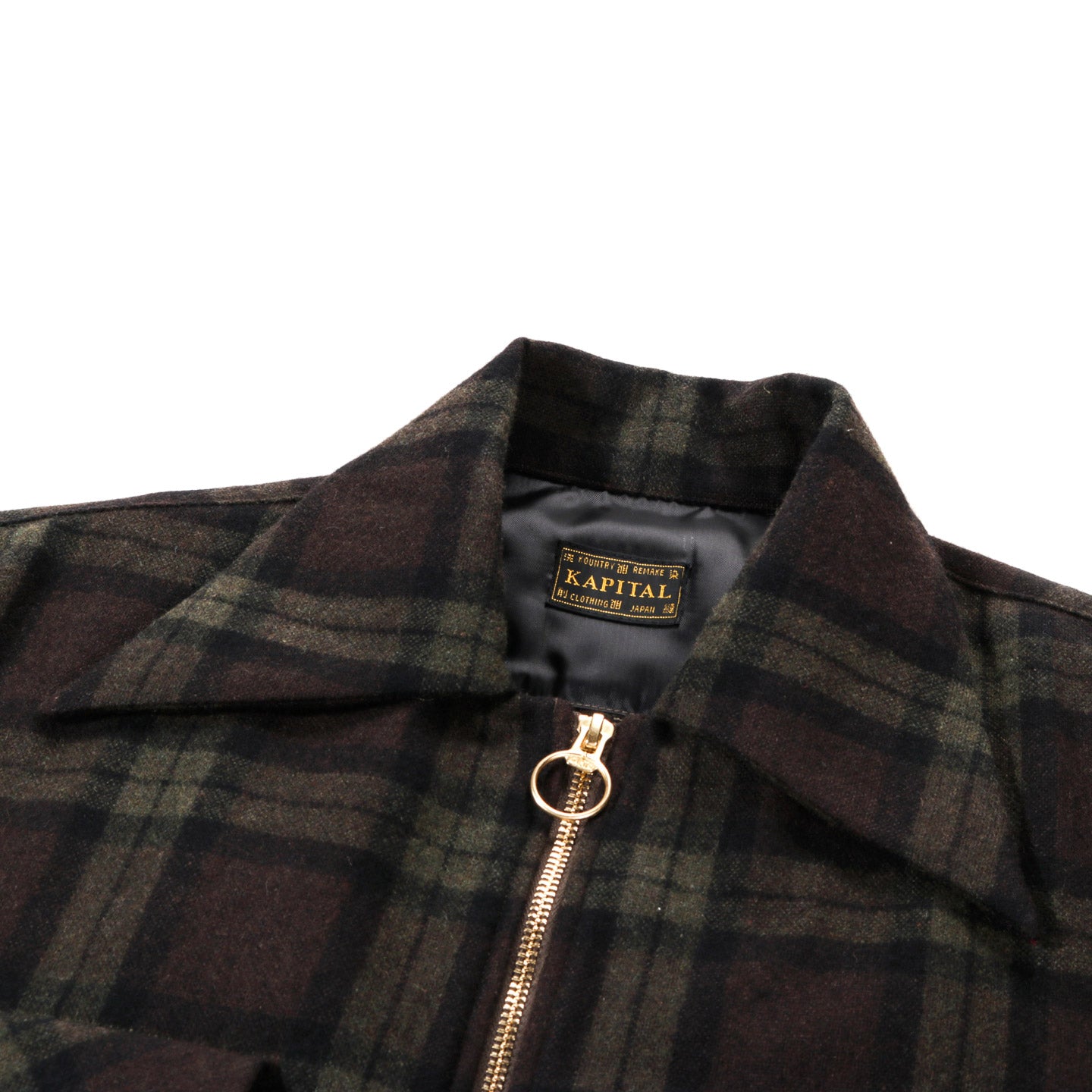 KAPITAL WOOL CHECK DRIZZLE OPEN COLLAR SHIRT KHAKI