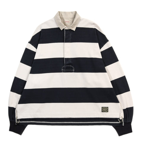 KAPITAL JAIL STRIPE JERSEY BIG RUGGER SHIRT BLACK X ECRU