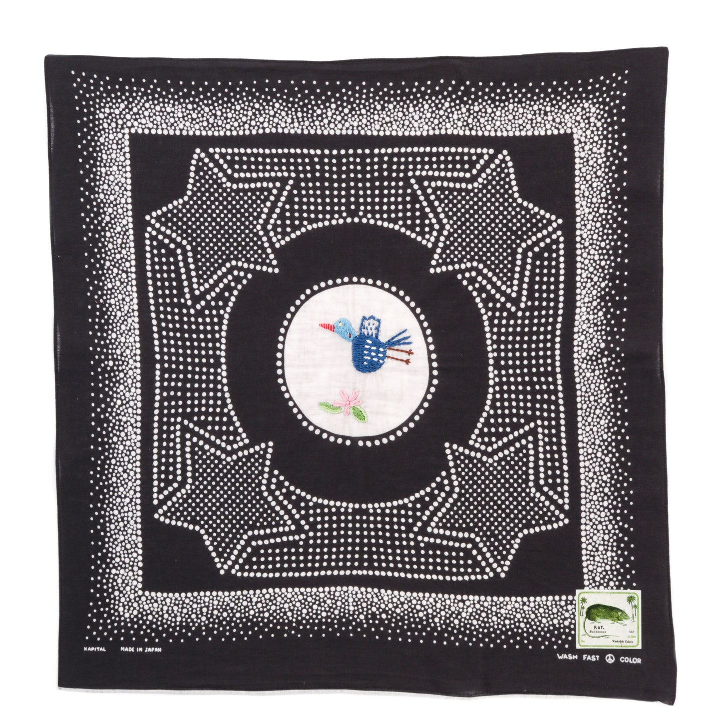 KAPITAL FASTCOLOR SELVEDGE BANDANA MAGPIE EMBROIDERY BLACK