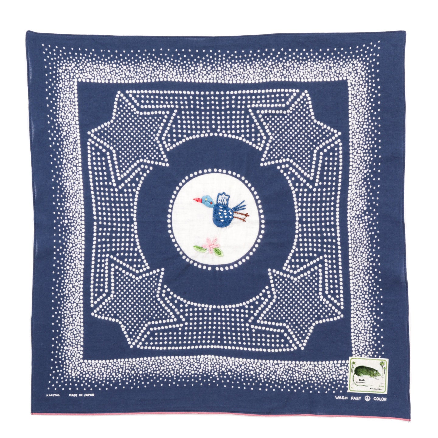KAPITAL FASTCOLOR SELVEDGE BANDANA MAGPIE EMBROIDERY NAVY