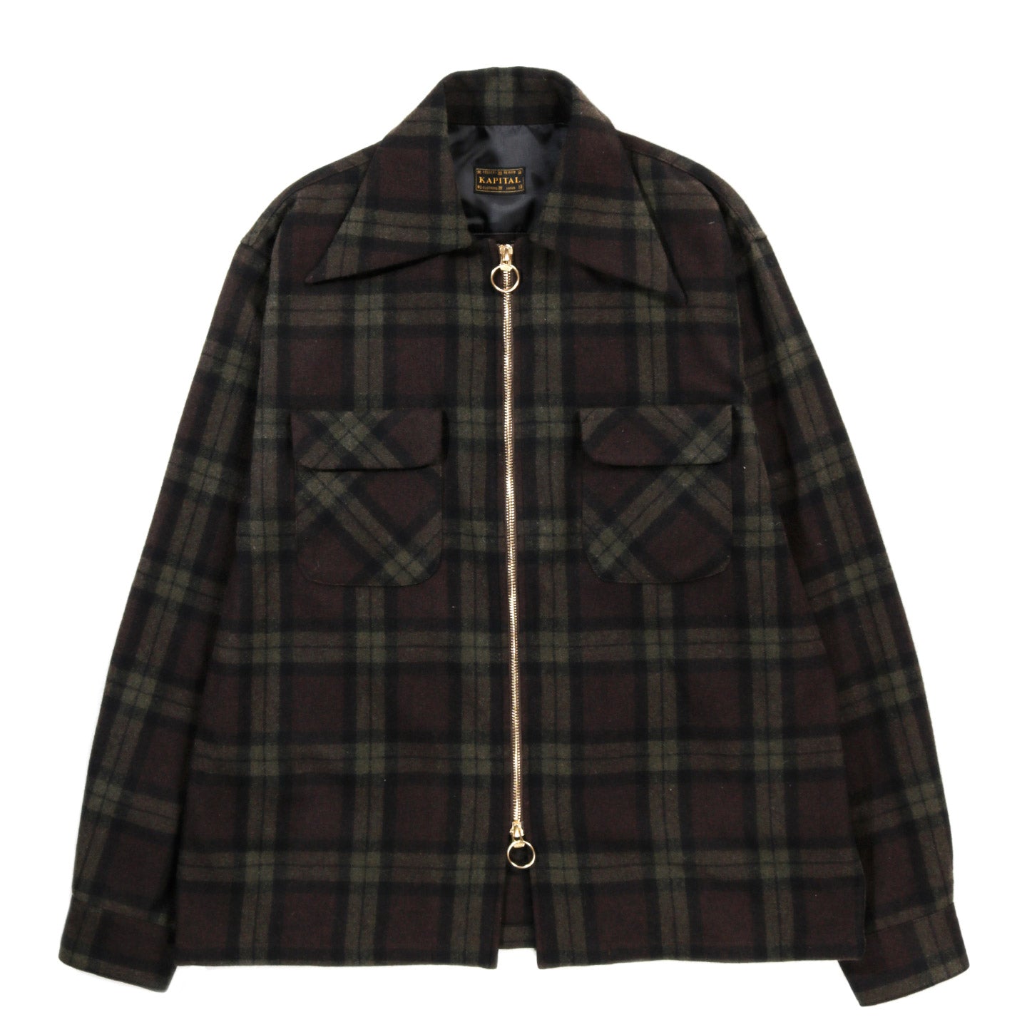 KAPITAL WOOL CHECK DRIZZLE OPEN COLLAR SHIRT KHAKI