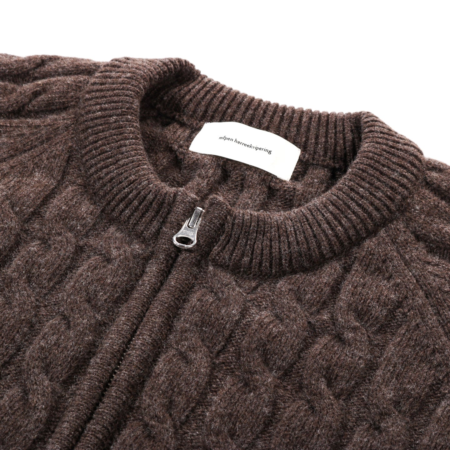 MFPEN EDITOR ZIP SWEATER BROWN CABLE KNIT