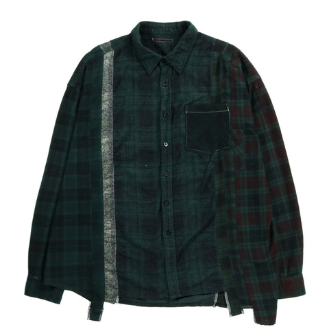 REBUILD BY NEEDLES FLANNEL SHIRT 7 CUTS WIDE OVER DYE GREEN - A