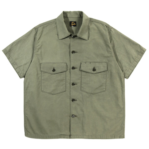 NEEDLES S/S FATIGUE SHIRT BACK SATEEN OLIVE