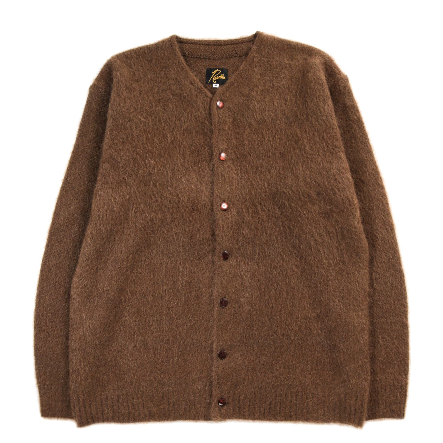 NEEDLES MOHAIR CREW NECK CARDIGAN SOLID BROWN