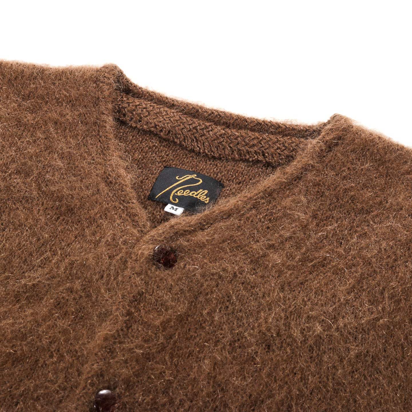 NEEDLES MOHAIR CREW NECK CARDIGAN SOLID BROWN