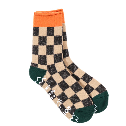 ROTOTO CHECKERBOARD PILE ROOM SOCKS L.ORANGE / D.GREEN