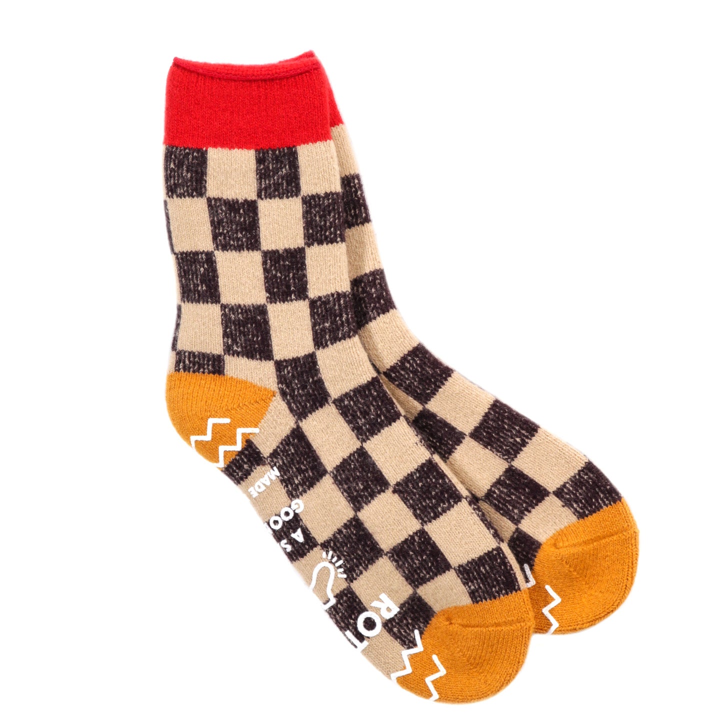 ROTOTO PILE ROOM SOCKS CHECKERBOARD RED / YELLOW
