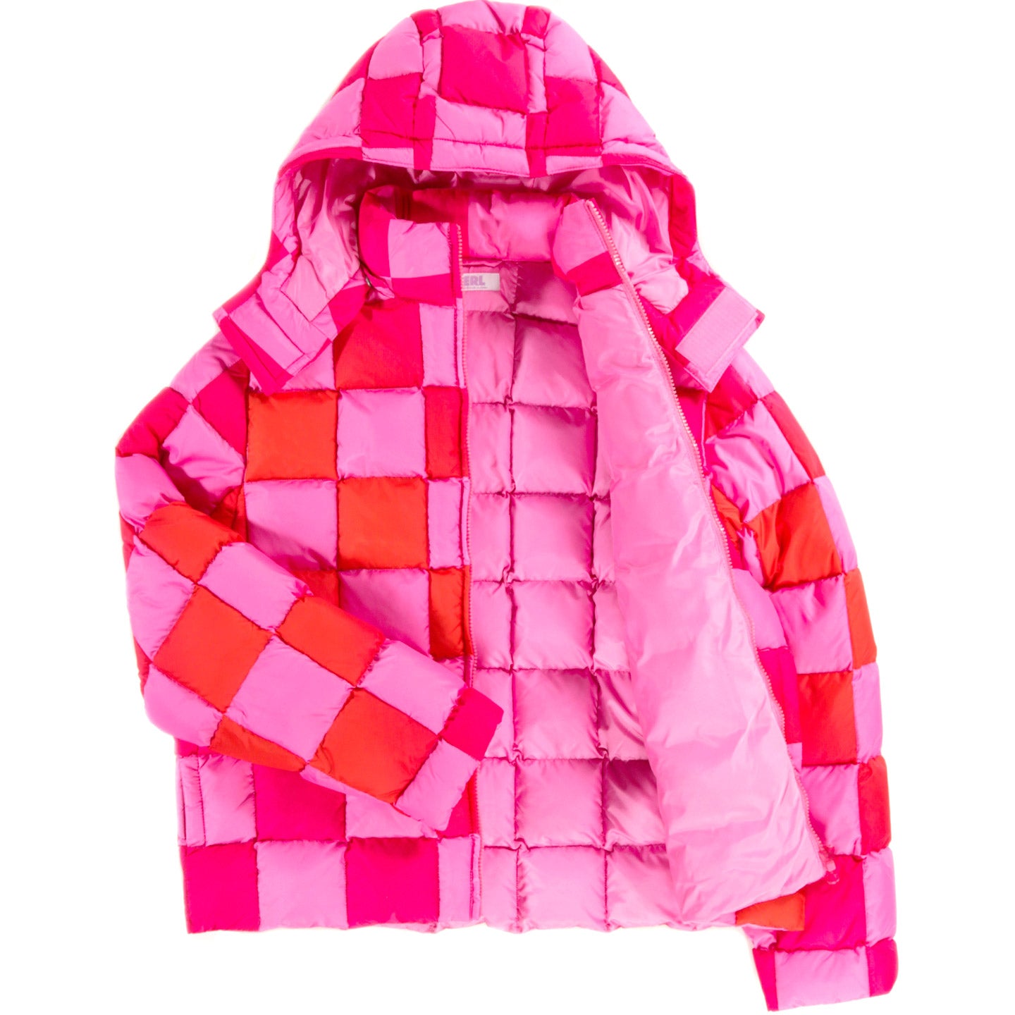 ERL GRADIENT CHECKER HOODED PUFFER COAT PINK
