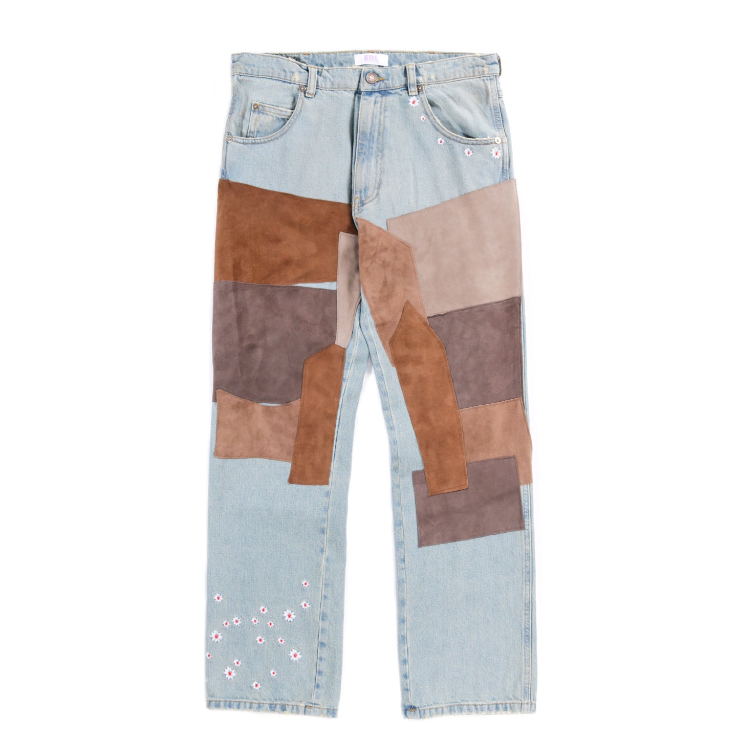 ERL LEATHER PATCHWORK JEANS LIGHT BLUE