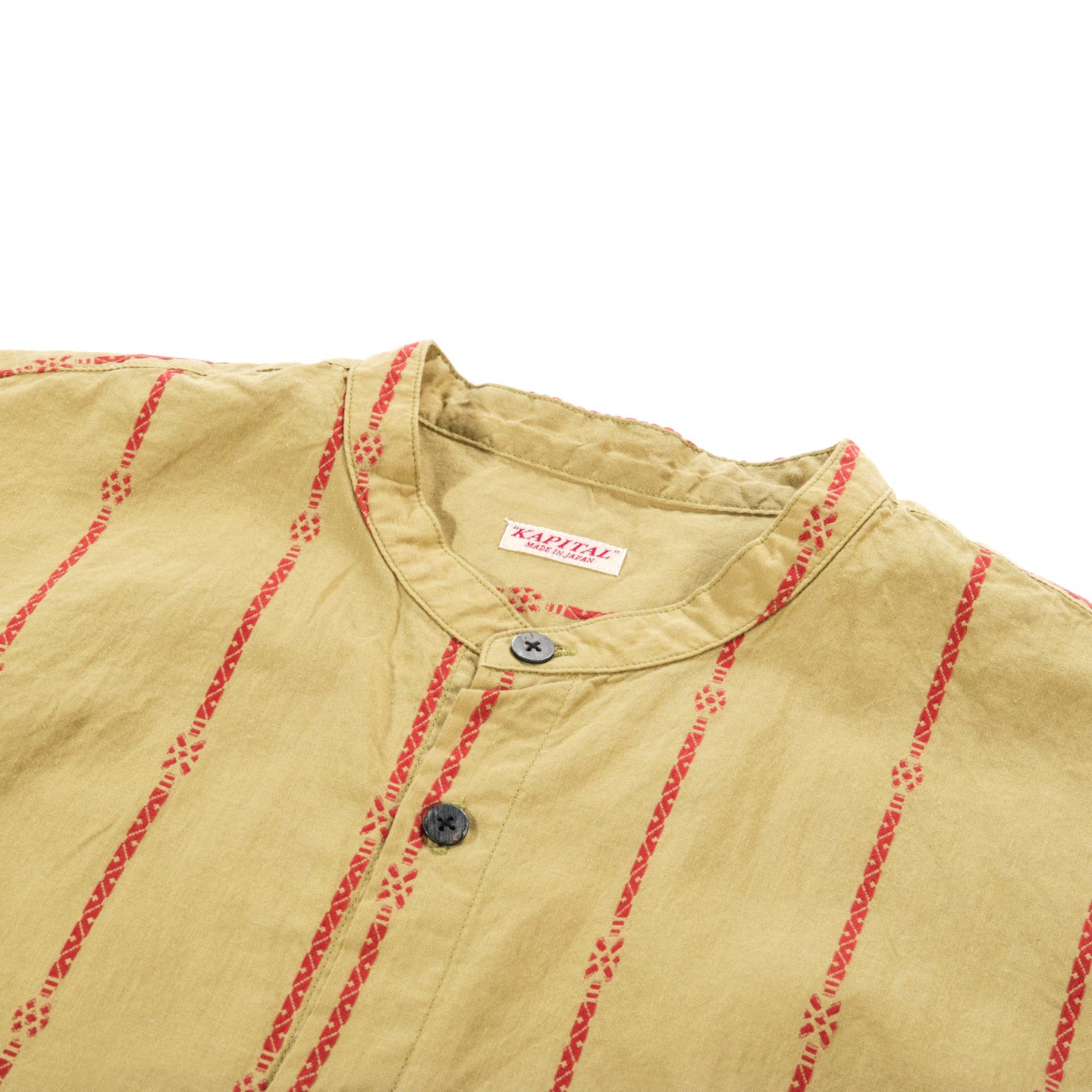 KAPITAL COTTON LINEN SIAM STRIPE BAND COLLAR SHIRT LIGHT KHAKI