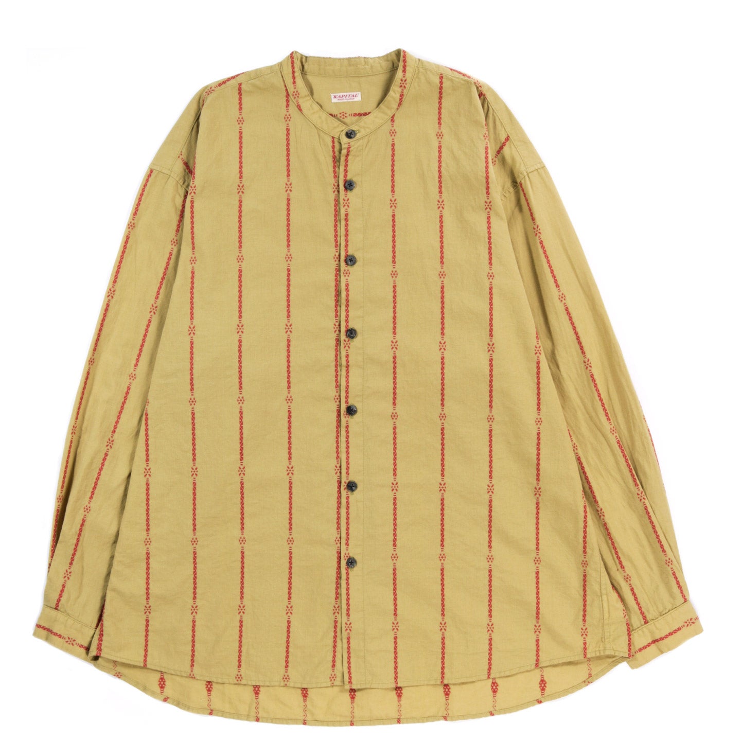 KAPITAL COTTON LINEN SIAM STRIPE BAND COLLAR SHIRT LIGHT KHAKI