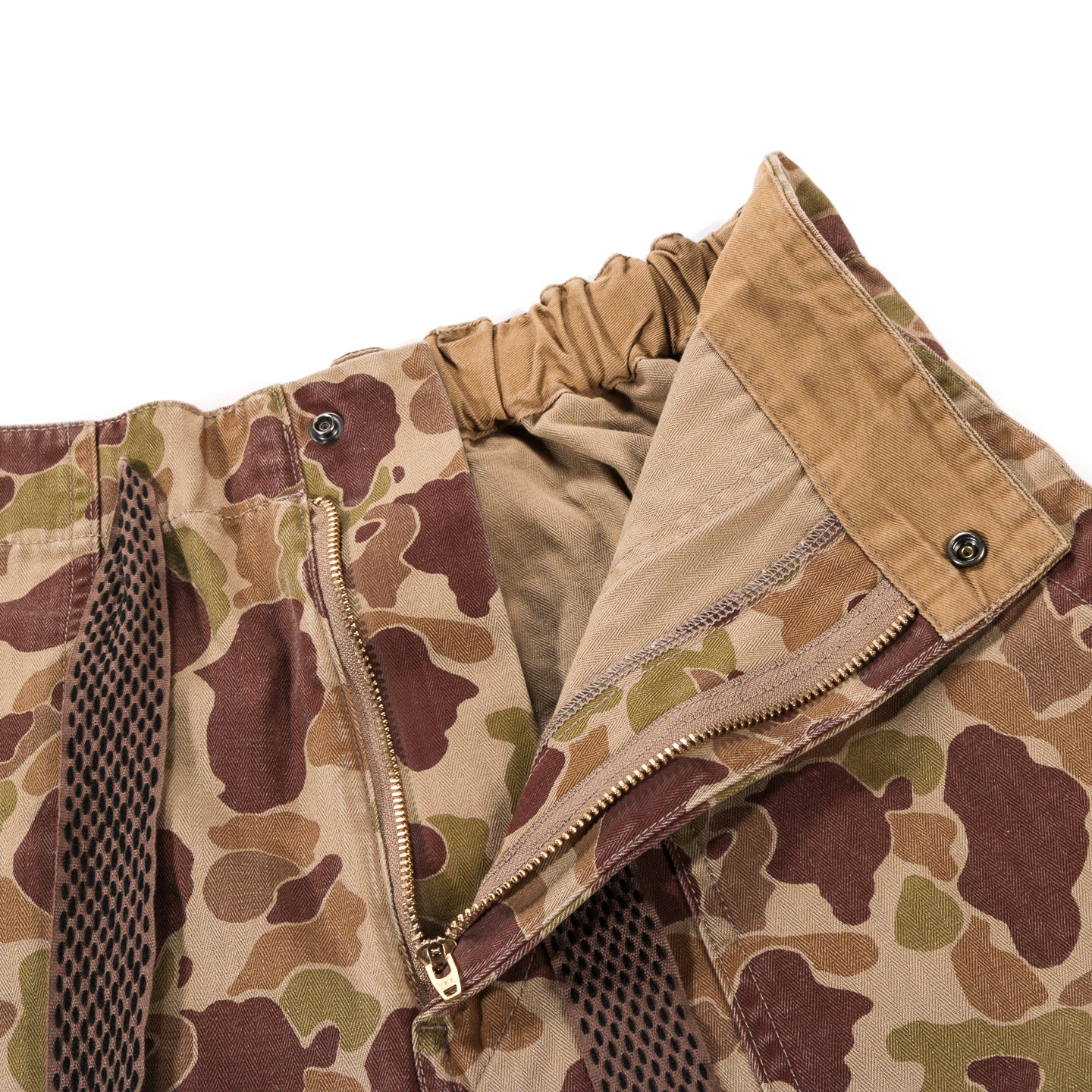 KAPITAL HERRINGBONE HAPPY PEEK-A-BOO CAMO EASY PANTS BEIGE KHAKI