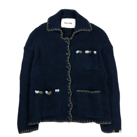STORY MFG. GRANDAD CARDIGAN INDIGO HAND KNIT