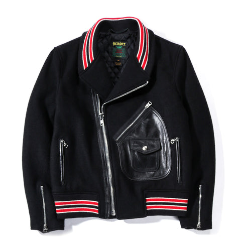 SCHOTT WOOL MOTO VARSITY JACKET BLACK