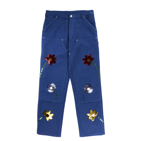 SKY HIGH FARM WORKWEAR SEQUIN EMBROIDERED FLOWERS WORKWEAR DOUBLE KNEE PANTS BLUE