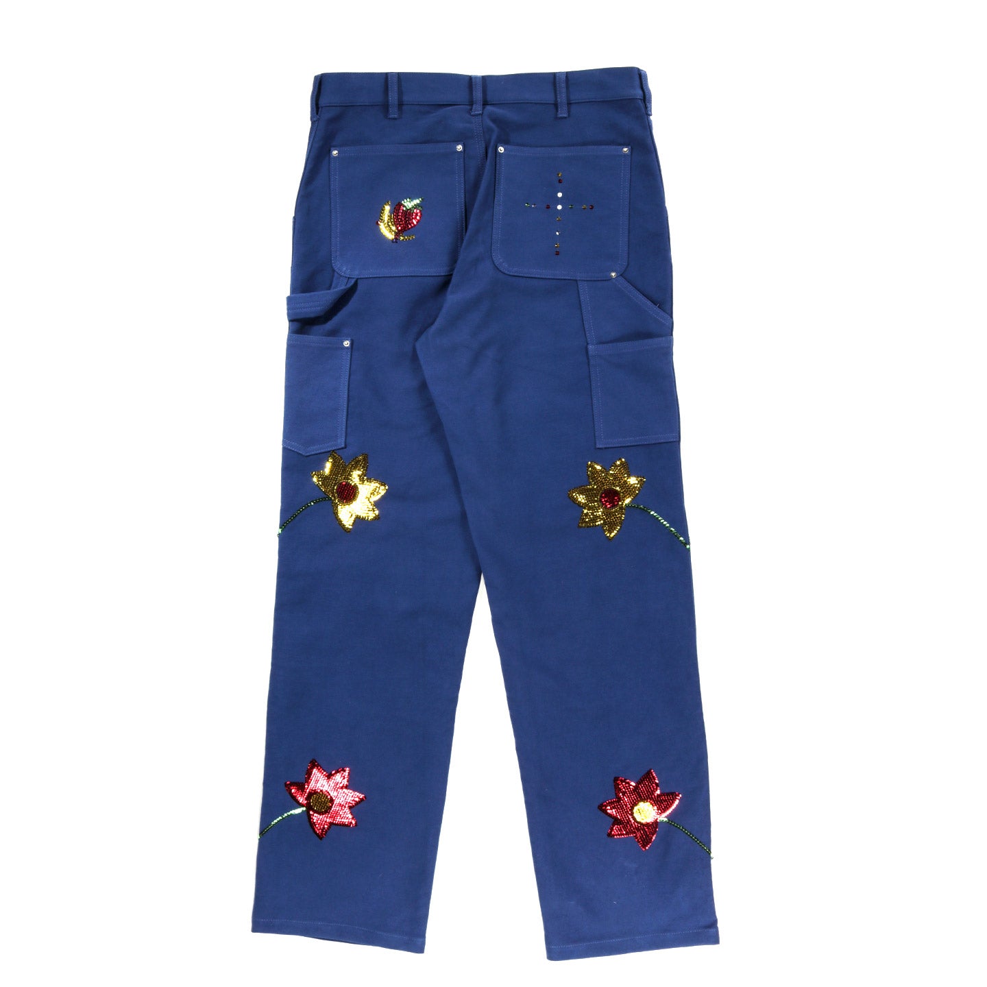 SKY HIGH FARM WORKWEAR SEQUIN EMBROIDERED FLOWERS WORKWEAR DOUBLE KNEE PANTS BLUE