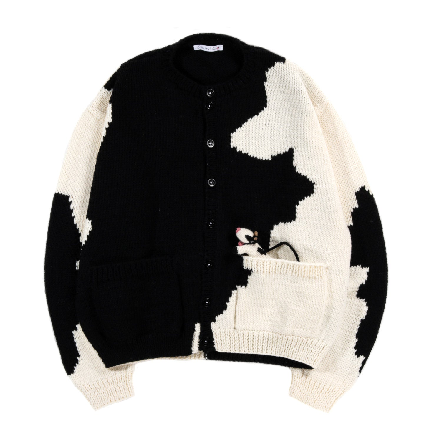 SKY HIGH FARM WORKWEAR HAND KNIT COW CARDIGAN BLACK AND WHITE