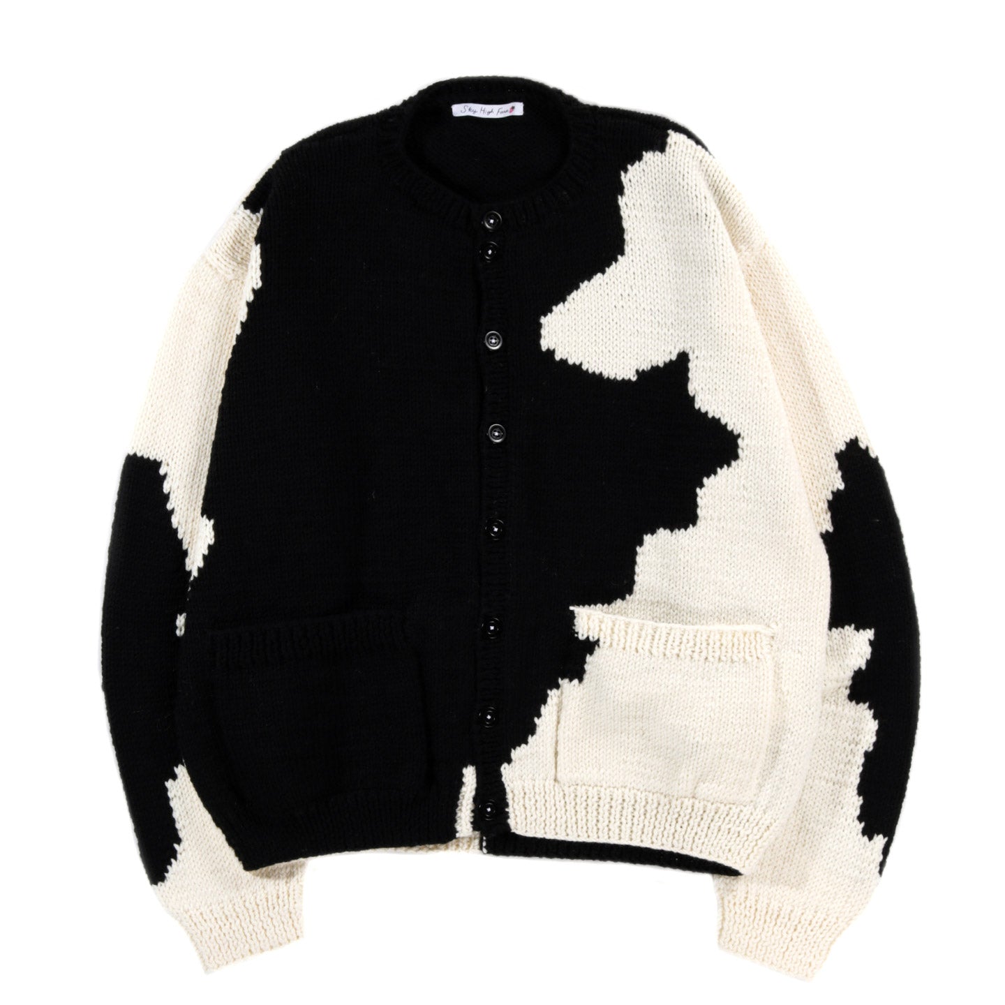 SKY HIGH FARM WORKWEAR HAND KNIT COW CARDIGAN BLACK AND WHITE