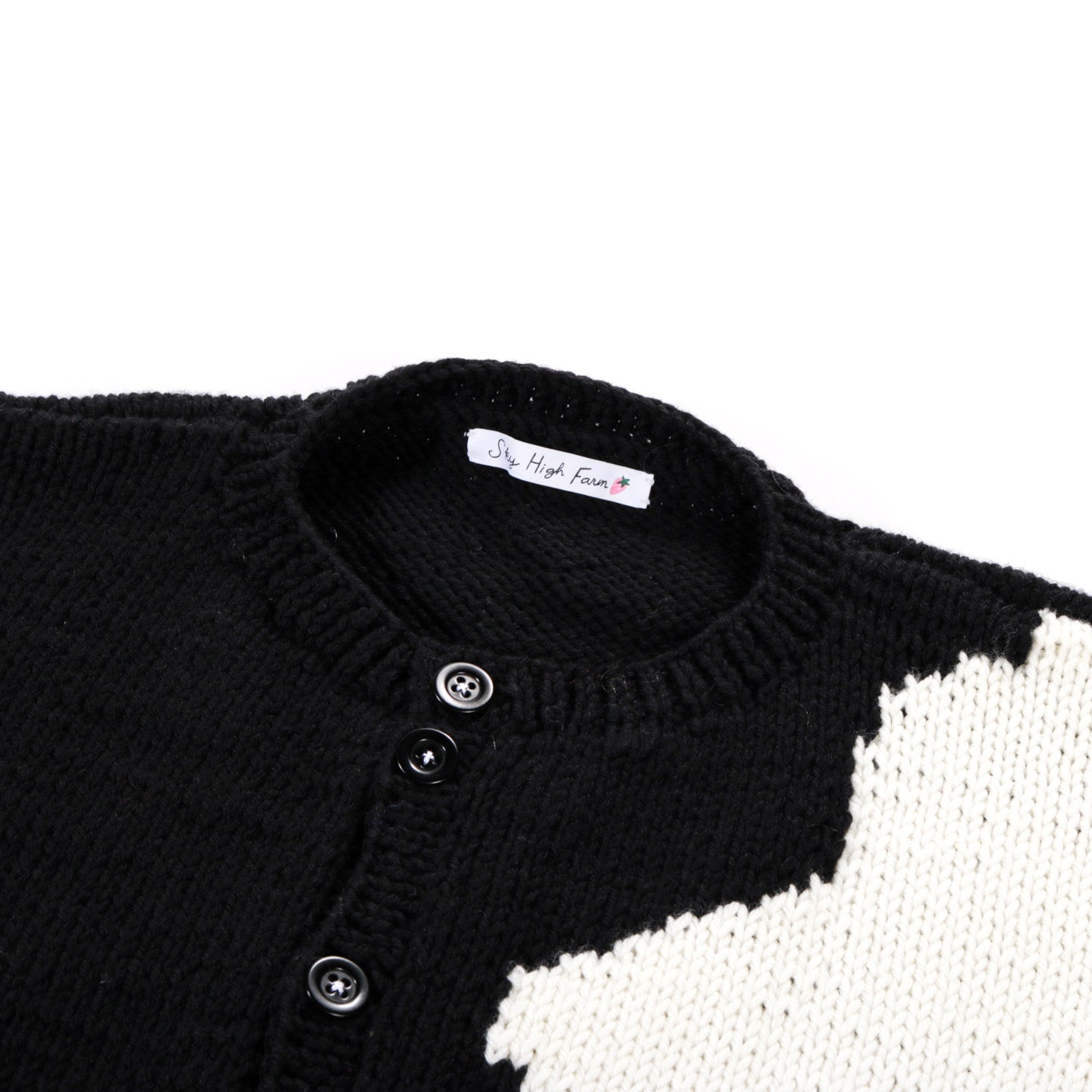 SKY HIGH FARM WORKWEAR HAND KNIT COW CARDIGAN BLACK AND WHITE